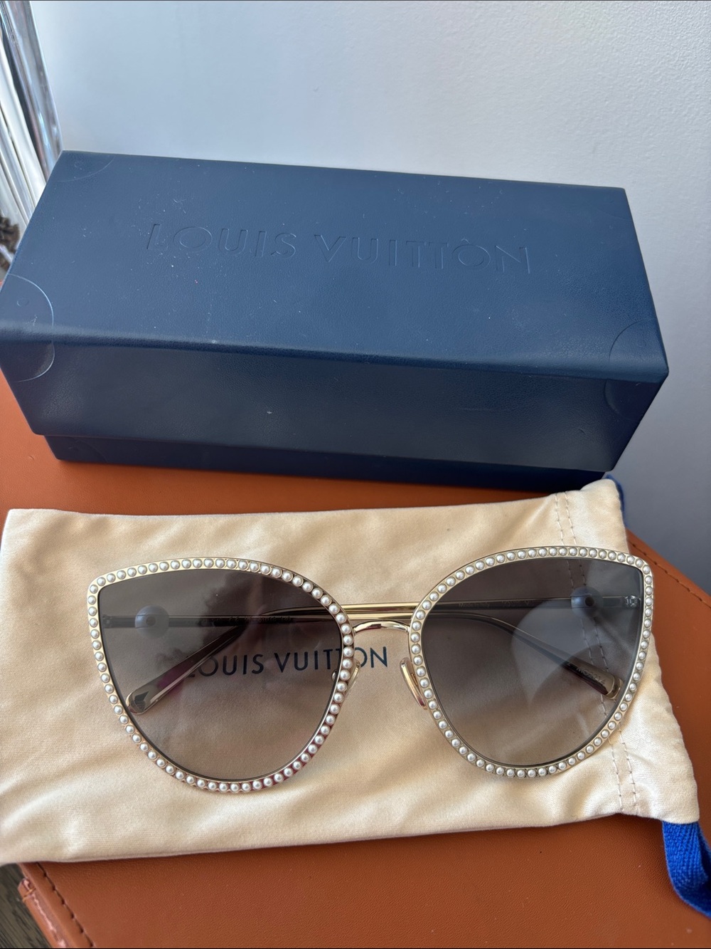 Louis Vuitton Gold Pearl-Trim Cat Eye Sunglasses with Gray Gradient Lenses